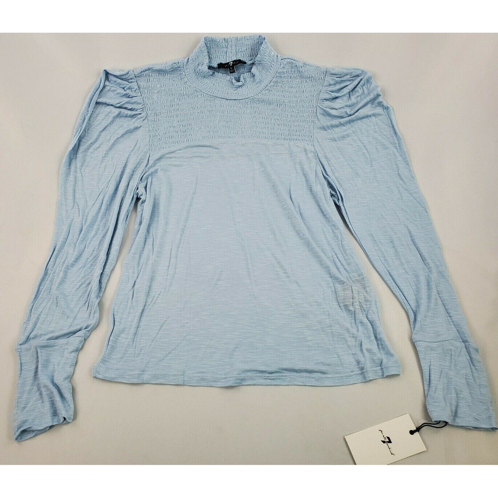 7 For All Mankind Women Light Blue Smocked High Neck Rayon Blouse Top Size L